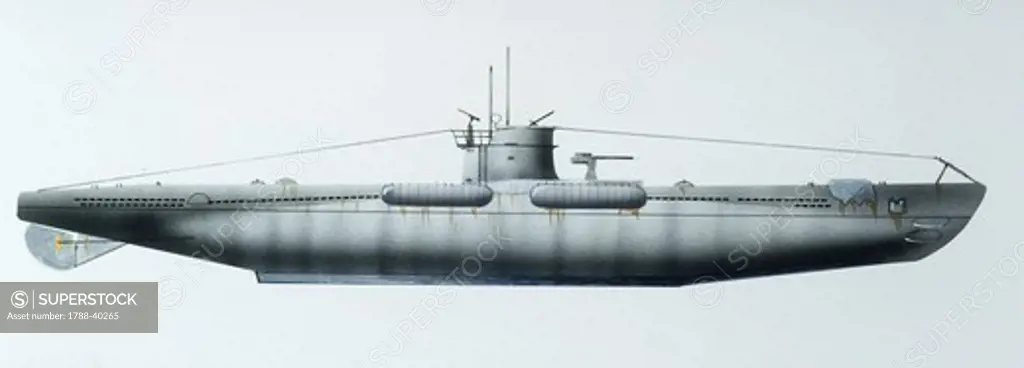 Naval ships - Italy's Regia Marina submarine RN Grongo, 1943. Color illustration
