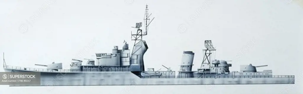 Naval ships - Royal Netherlands Navy destroyer HNLMS Groningen, 1954. Color illustration