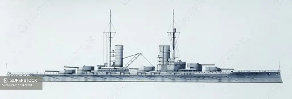 Naval ships - German Imperial Navy battleship SMS Grosser Kurfrst, 1913. Color illustration