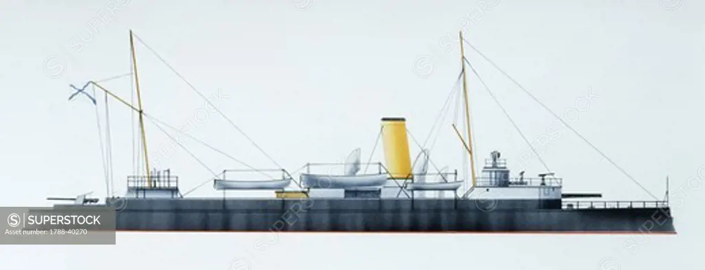 Naval ships - Imperial Russian Navy armored gunboat Grozyaschiy, 1890. Color illustration