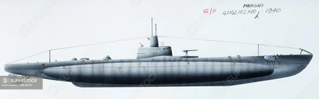 Naval ships - Italy's Regia Marina submarine RN Guglielmo Marconi, 1939. Color illustration