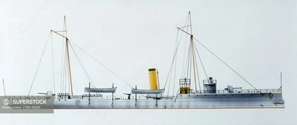 Naval ships - Brazilian torpedo gunboat, 1893. Color illustration