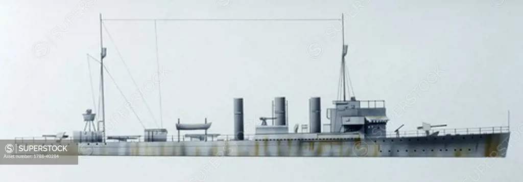 Naval ships - United States Navy destroyer USS Gwin, 1917. Color illustration