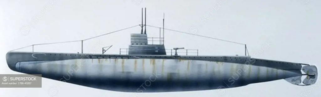 Naval ships - Italy's Regia Marina submarine H1, 1916. Color illustration