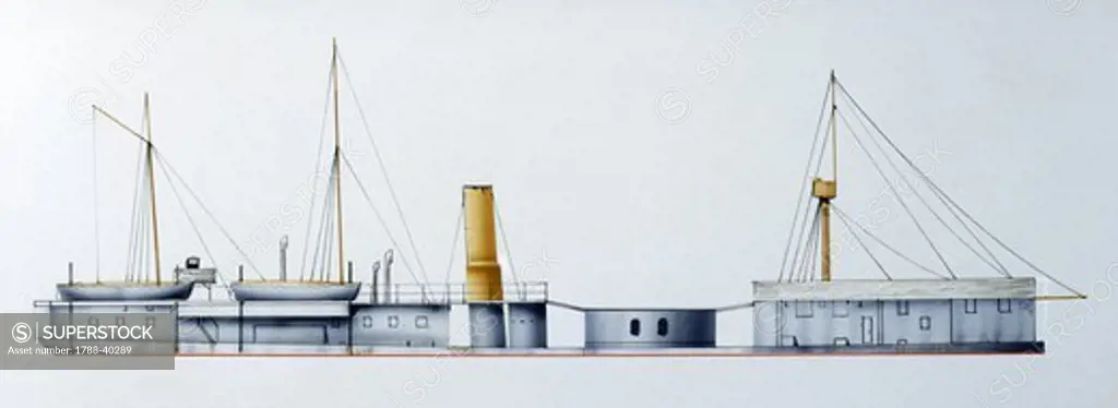 Naval ships - Royal Netherlands Navy monitor HNLMS Haai, 1871. Color illustration
