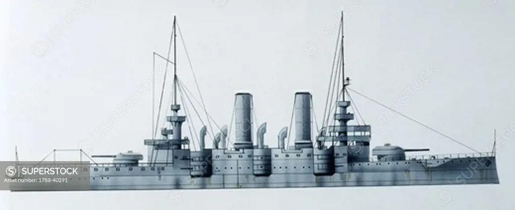 Naval ships - Austro-Hungarian Navy battleship Habsburg, 1900. Color illustration
