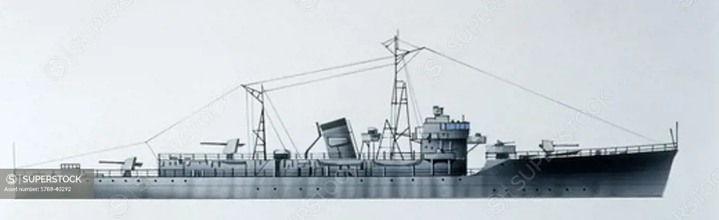 Naval ships - Imperial Japanese Navy escort Hachijo, 1940. Color illustration