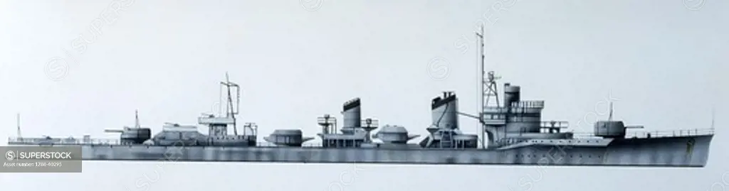 Naval ships - Imperial Japanese Navy destroyer Hamakaze, 1940. Color illustration