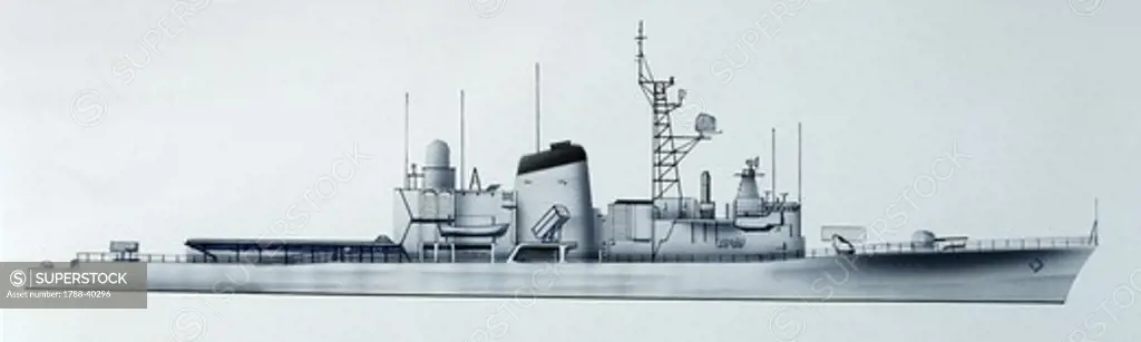 Naval ships - Imperial Japanese Navy destroyer Hamayuki, 1983. Color illustration