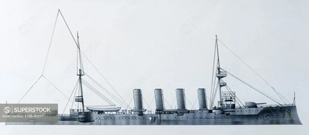 Naval ships - British Royal Navy armored cruiser HMS Hampshire, 1903. Color illustration