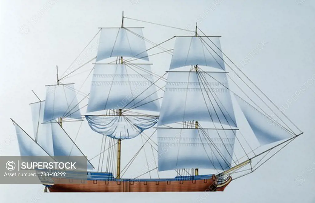 Naval ships - United States' Continental Navy frigate USS Hancock, 1776. Color illustration