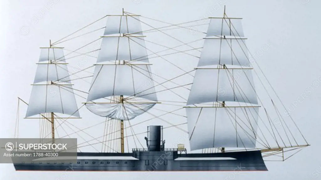 Naval ships - German Imperial Navy armored frigate SMS Hansa, 1872. Color illustration