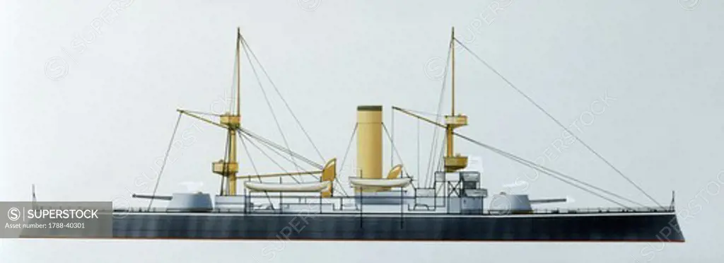 Naval ships - Royal Norwegian Navy coastal defense battleship, 1897. Color illustration