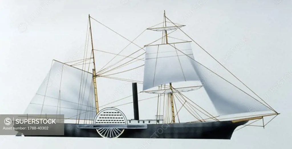 Naval ships - United States Navy paddle wheel steam gunboat, 1857. Color illustration