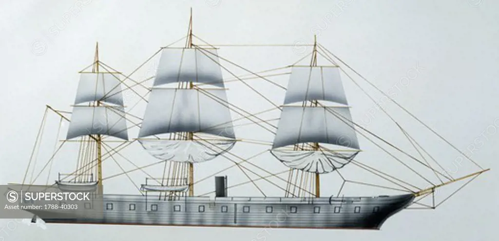 Naval ships - United States Navy screw sloop USS Hartford, 1858. Color illustration