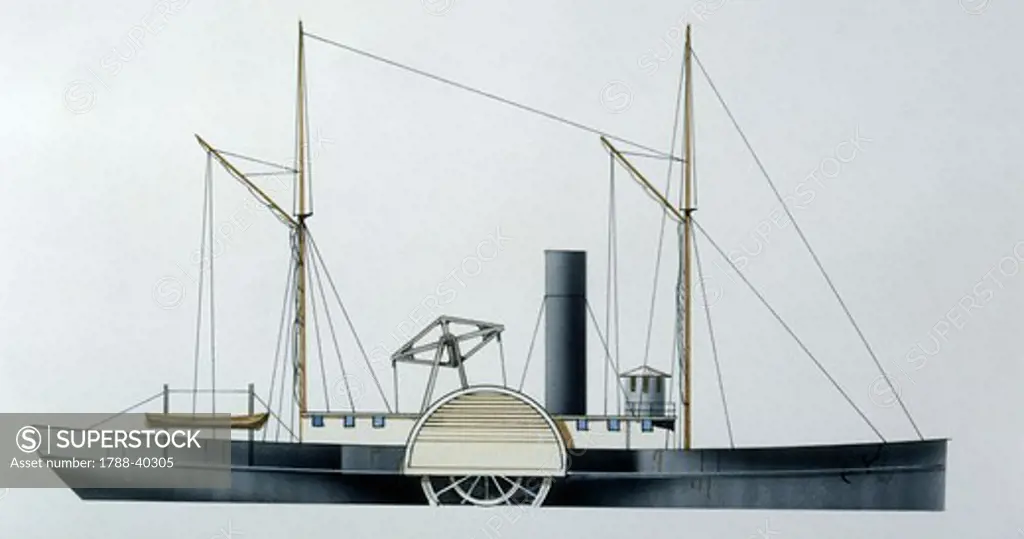 Naval ships - United States. Union Navy gunboat USS Hatteras, 1863. Color illustration