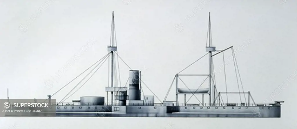 Naval ships - Danish Royal Navy coastal defense battleship, 1878. Color illustration
