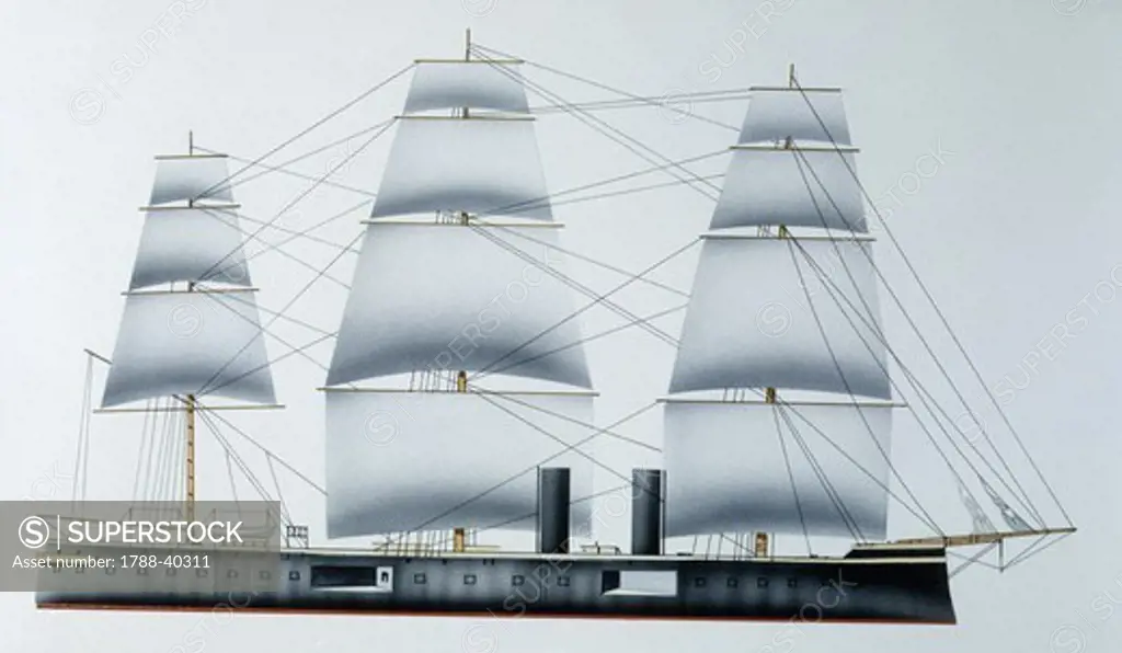 Naval ships - British Royal Navy central battery ironclad, 1868. Color illustration