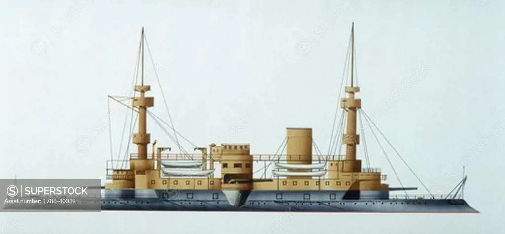 Naval ships - France's Marine Nationale turrets and barbette ironclad Hoche, 1886. Color illustration