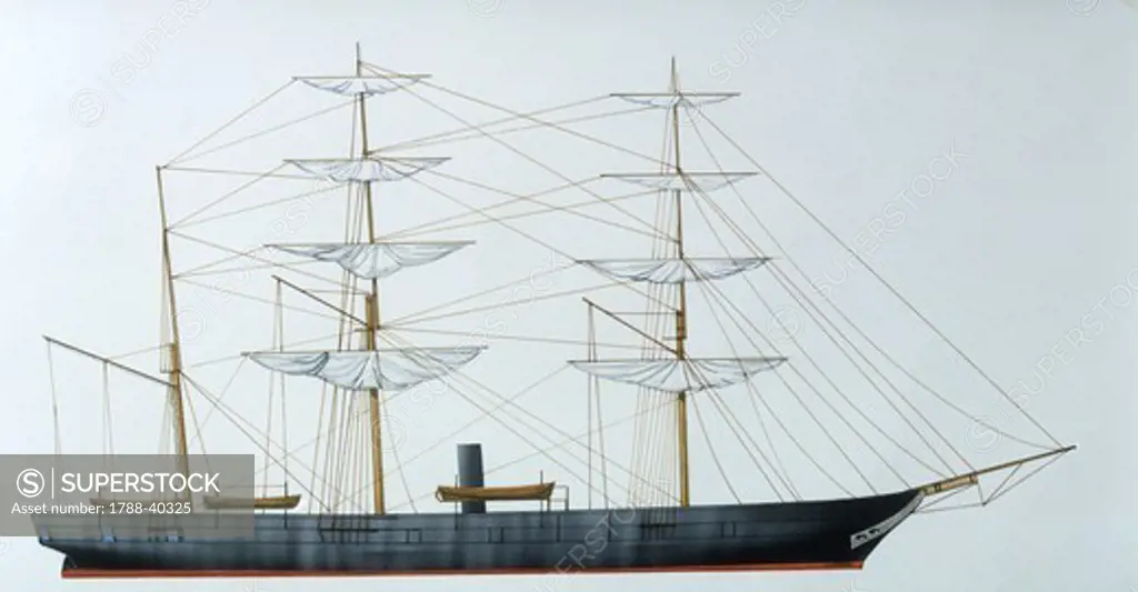 Naval ships - United States Navy screw sloop of war USS Housatonic, 1861. Color illustration