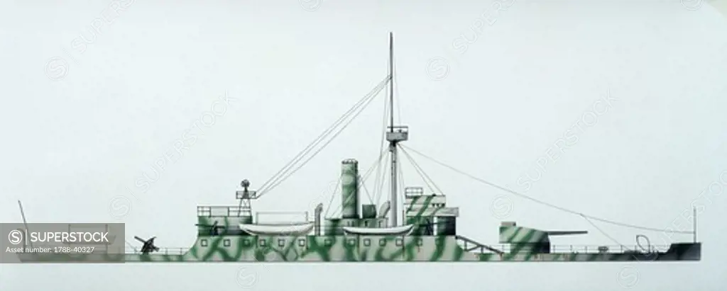 Naval ships - British Royal Navy monitor HMS Humber, 1913. Color illustration