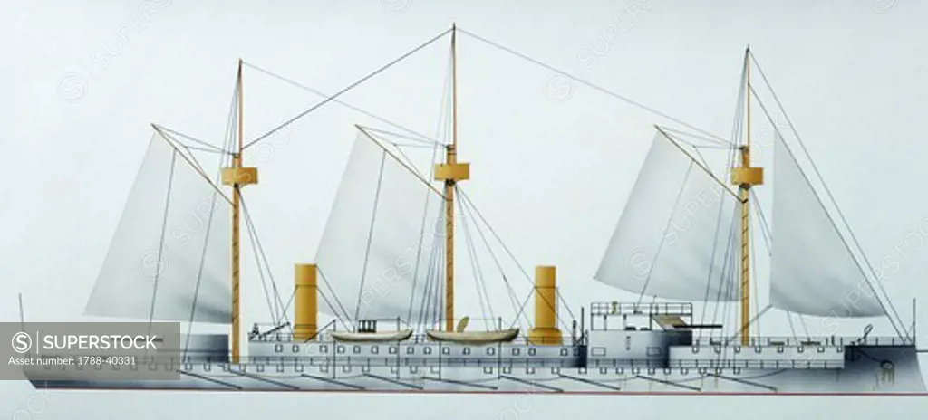 Naval ships - Royal Hellenic Navy battleship Hydra, 1889. Color illustration
