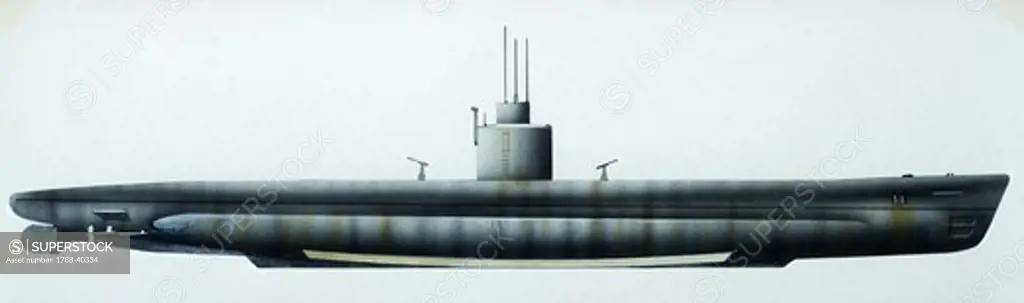 Naval ships - Imperial Japanese Navy submarine I-201, 1944. Color illustration