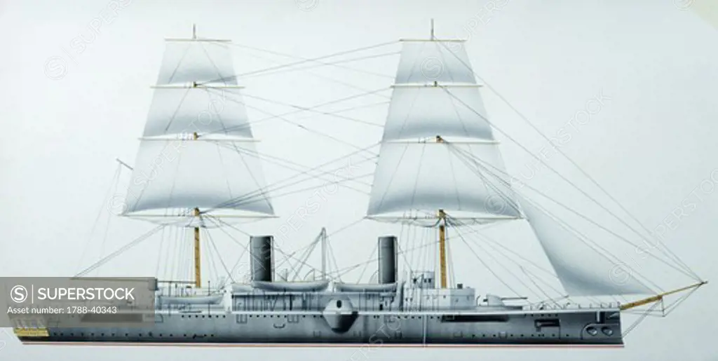 Naval ships - British Royal Navy armored cruiser HMS Imperieuse, 1883. Color illustration
