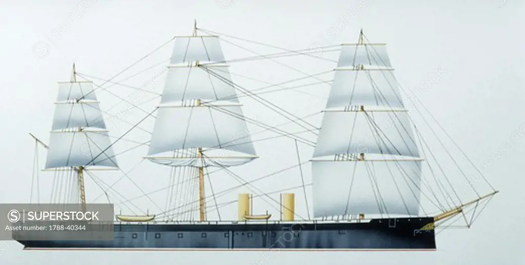 Naval ships - British Royal Navy steam frigate HMS Inconstant, 1868. Color illustration