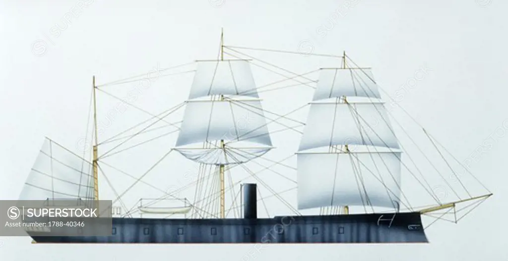 Naval ships - Peruvian ironclad Independencia, 1865. Color illustration