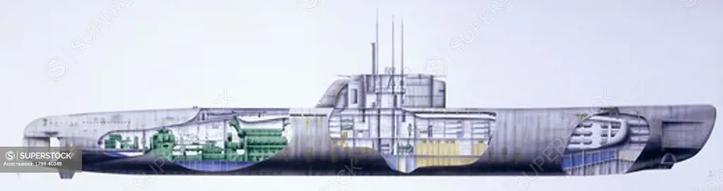Naval ships - German Kriegsmarine submarine type XXI, 1944. Illustrated cutaway view