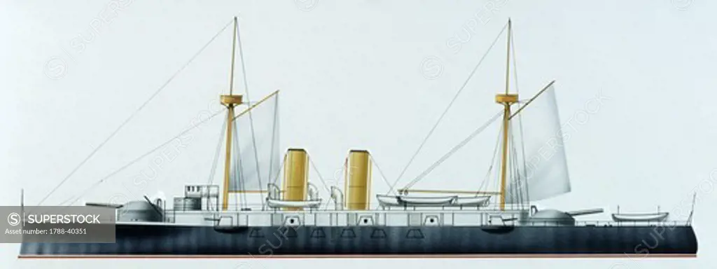 Naval ships - Spanish Navy armored cruiser Infanta Maria Teresa, 1890. Color illustration