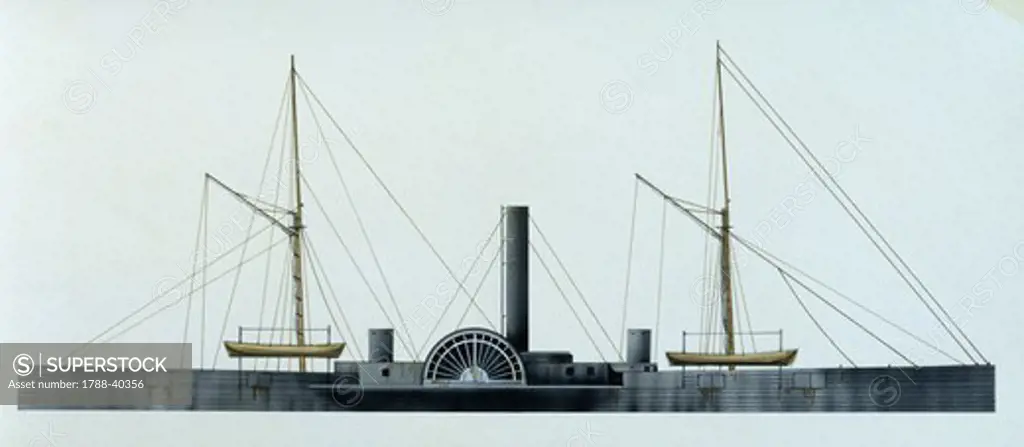 Naval ships - United States Navy steam gunboat USS Iosco, 1863. Color illustration