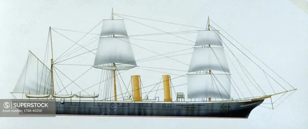 Naval ships - British Royal Navy dispatcher HMS Iris, 1877. Color illustration
