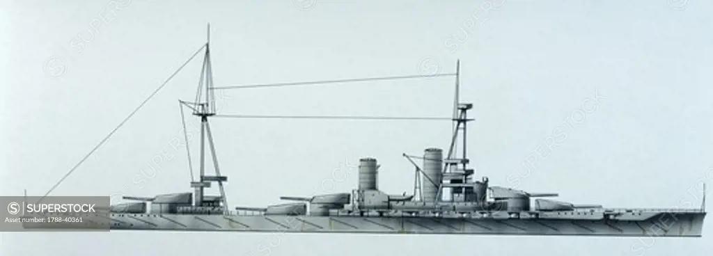 Naval ships - Imperial Japanese Navy battleship Ise, 1916. Color illustration