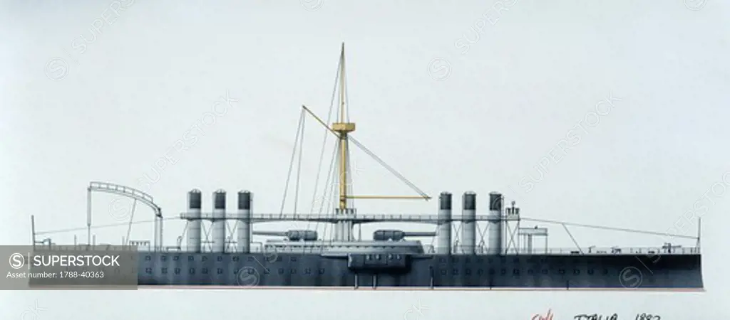 Naval ships - Italy's Regia Marina barbette ironclad warship RN Italia, 1880. Color illustration