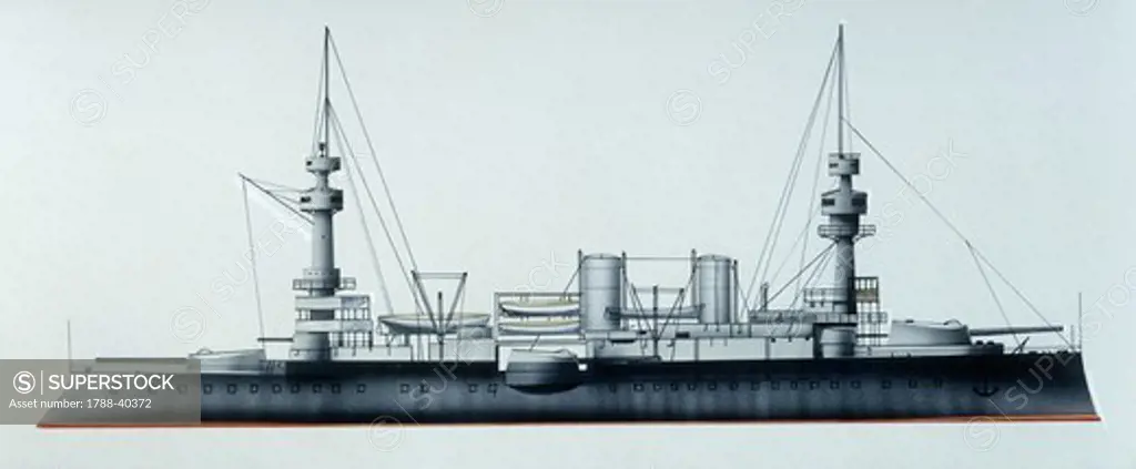Naval ships - France's Marine Nationale battleship Jaurguiberry, 1893. Color illustration