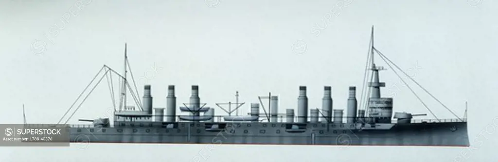 Naval ships - France's Marine Nationale armored cruiser Jeanne d'Arc, 1899. Color illustration