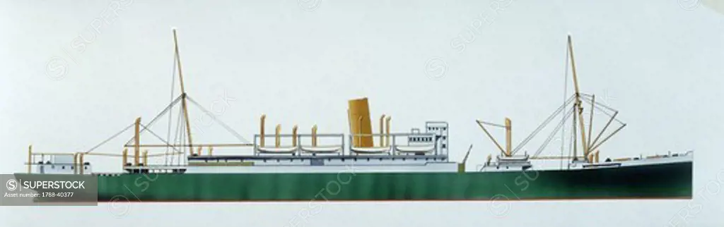 Marine transportation - British Aberdeen and Commonwealth steamer HMS Jervis Bay, 1922. Color illustration