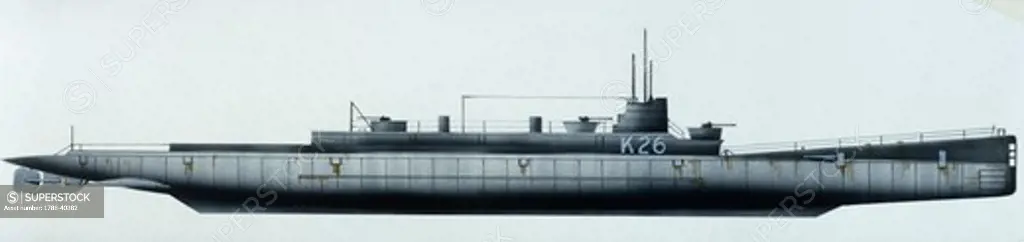 Naval ships - British Royal Navy submarine HMS K26, 1919. Color illustration