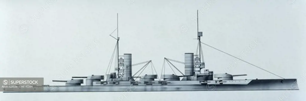 Naval ships - German Imperial Navy battleship SMS Kaiser, 1911. Color illustration