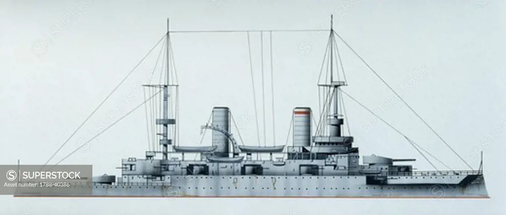 Naval ships - German Imperial Navy battleship SMS Kaiser Friedrich III, 1896. Color illustration