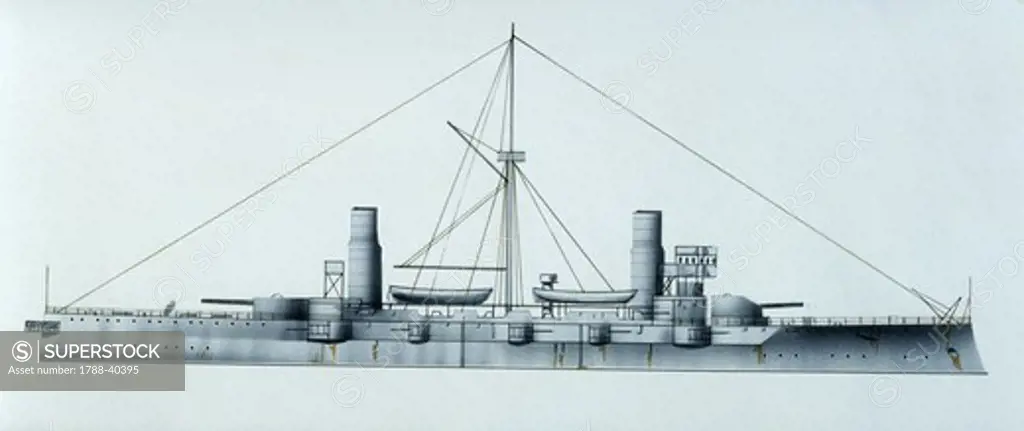 Naval ships - Imperial Japanese Navy armored cruiser Kasuga, 1902. Color illustration