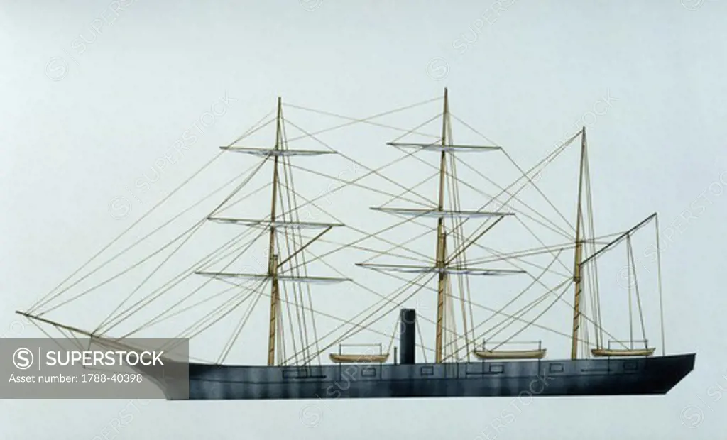 Naval ships - United States Navy steam sloop of war USS Kearsarge, 1861. Color illustration