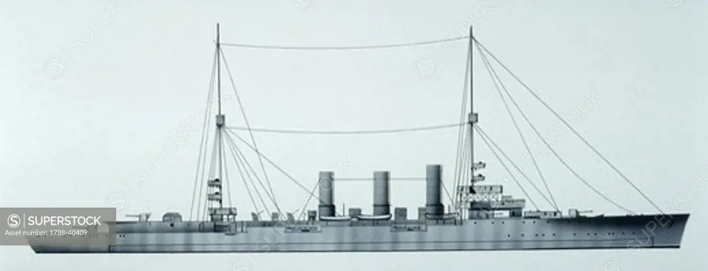Naval ships - German Imperial Navy light cruiser SMS Kln, 1916. Color illustration