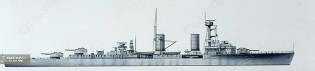 Naval ships - German Navy light cruiser SMS Kln, 1928. Color illustration