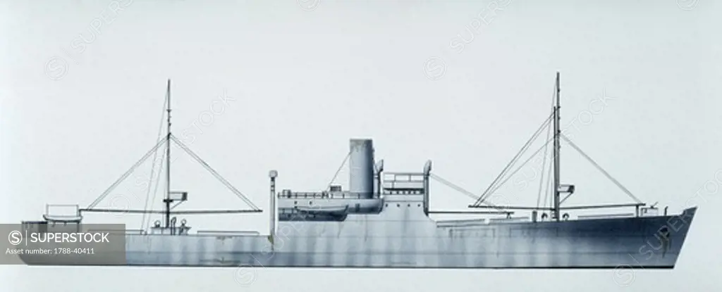 Naval ships - German Kriegsmarine auxiliary cruiser SMS Komet, 1937. Color illustration