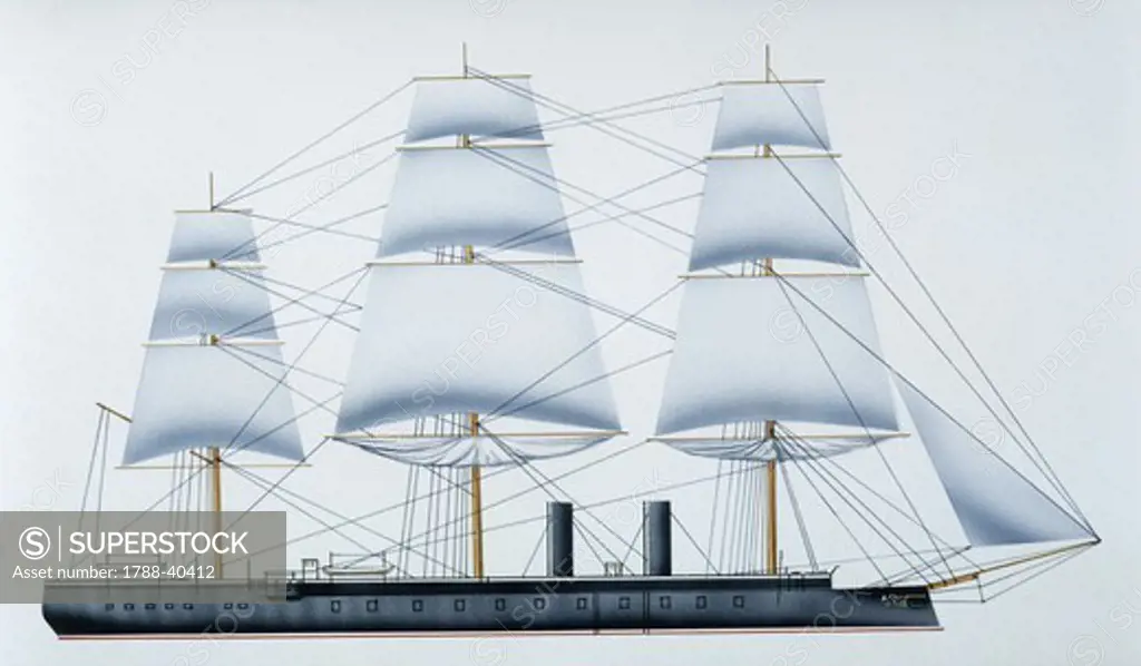 Naval ships - German Imperial central battery ironclad, 1868. Color illustration