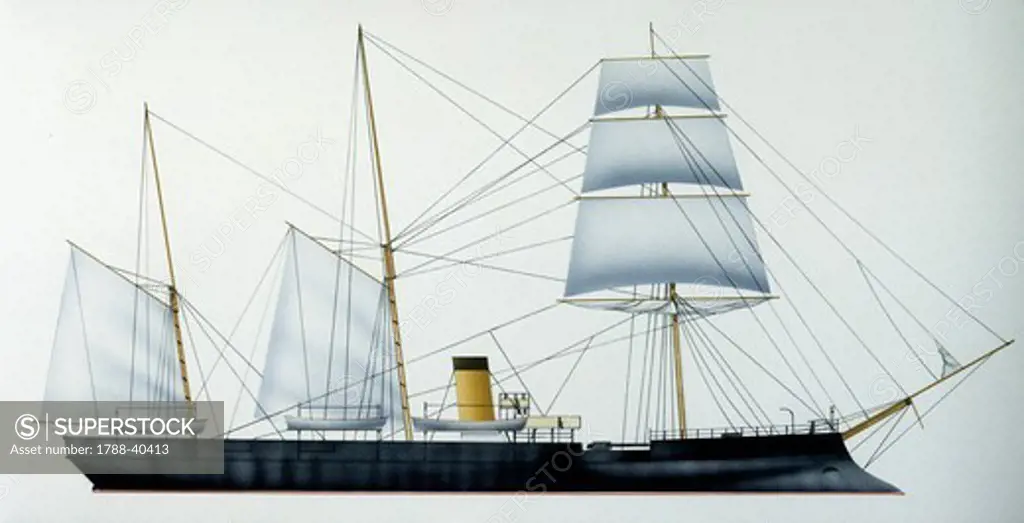 Naval ships - Imperial Russian Navy gunboat Korietz, 1886. Color illustration