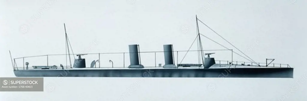 Naval ships - Italy's Regia Marina coastal defense torpedo craft RN Pellicano, 1899. Color illustration